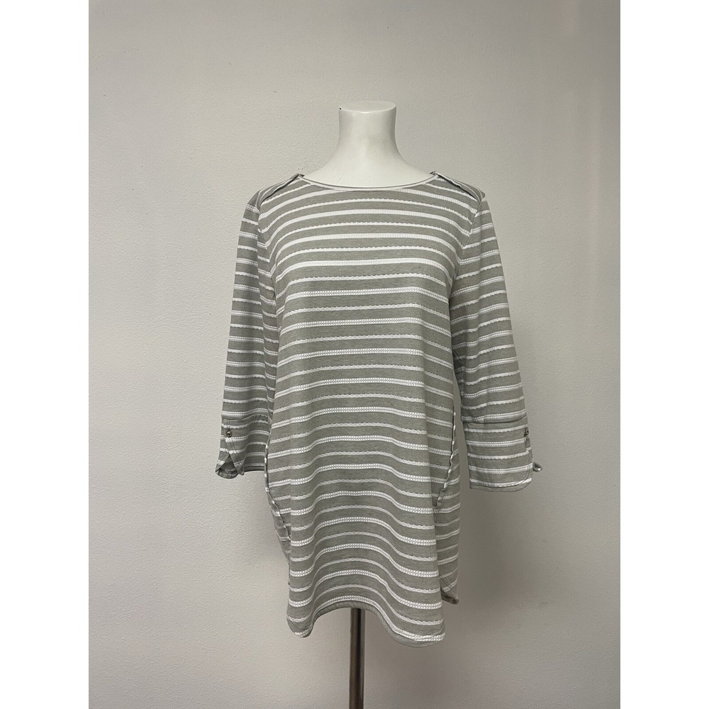 Zenergy by Chicos Grey & White Striped 3/4 Sleeve top Size 1XTunic Casual Comfy - Picture 8 of 12
